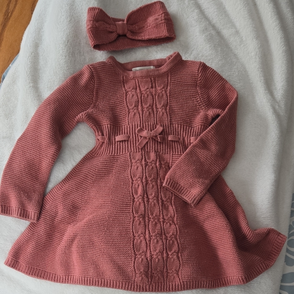 Pink Knit Dress with Bow Headband